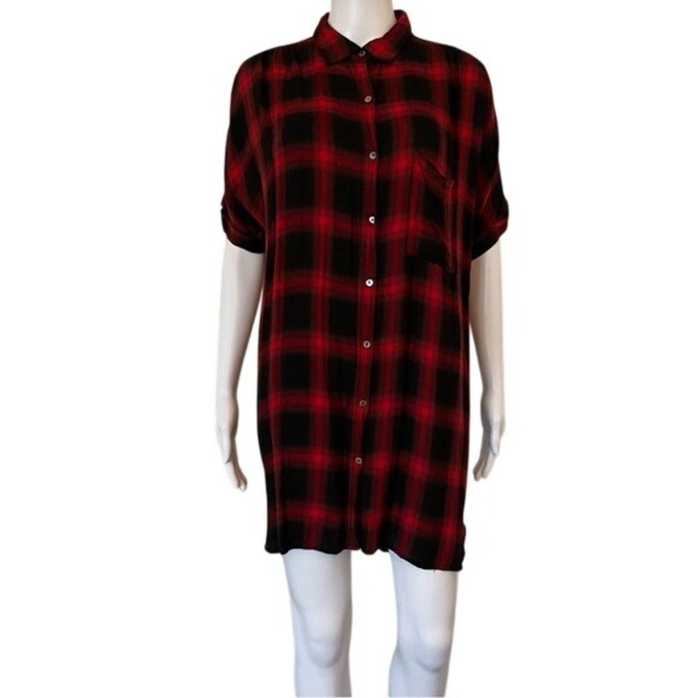 Article Red Black Plaid Soft Short Sleeve Button up Tunic Top small
